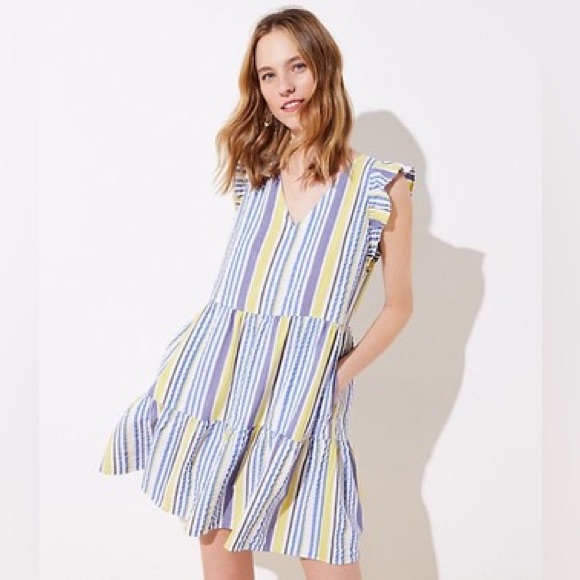 LOFT Dresses & Skirts - Loft Blue And Yellow Striped Ruffle Sleeve Dress Size SP